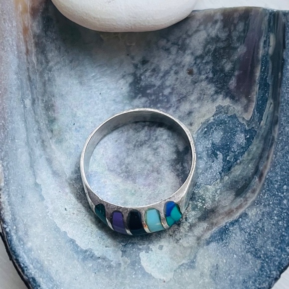 Vintage Multi-Color Stone 925 Sterling Silver Native American Size 6.5 Ring - Picture 3 of 3